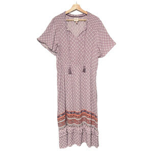 Knox Rose Floral Maxi Dress XXL Purple Short Sleeve Pockets V Neck Tassel Boho